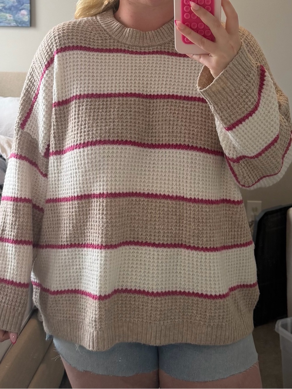Cozy Stripe Knit Sweater - Cream & Tan with Pink Accents